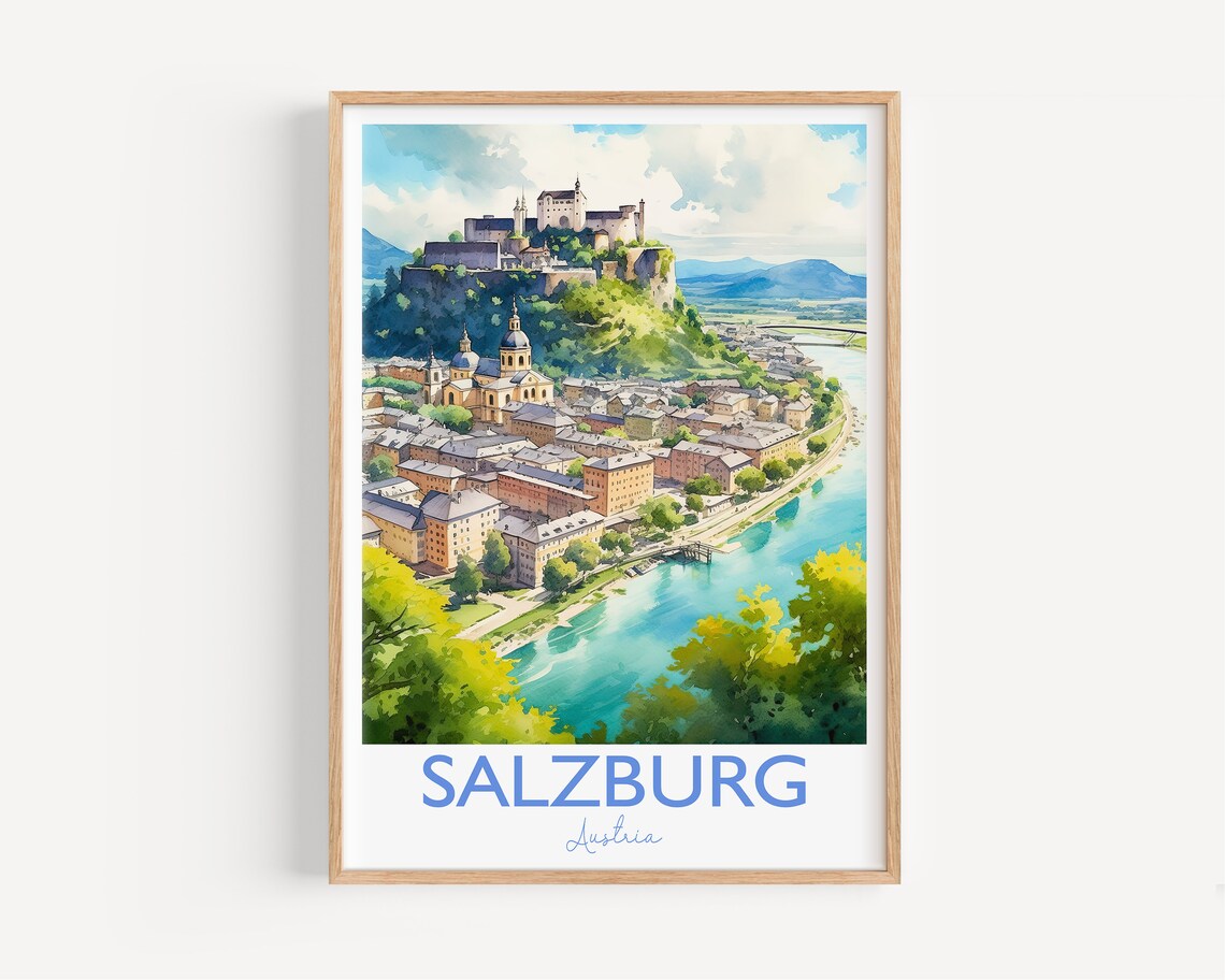 Salzburg Austria Fortress Old Town River Watercolor Travel Poster