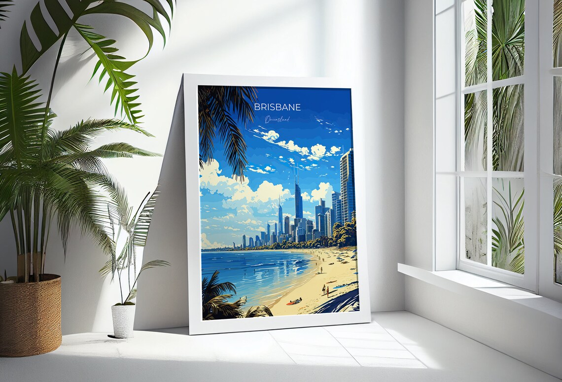 Brisbane Queensland Tropical Beach Palms Skyline View Travel Poster - Image 3
