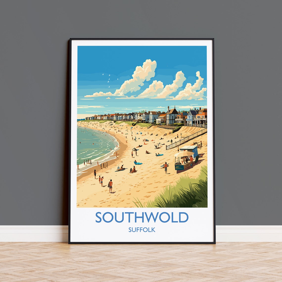 Southwold Suffolk Beach Town White Border Summer Travel Poster