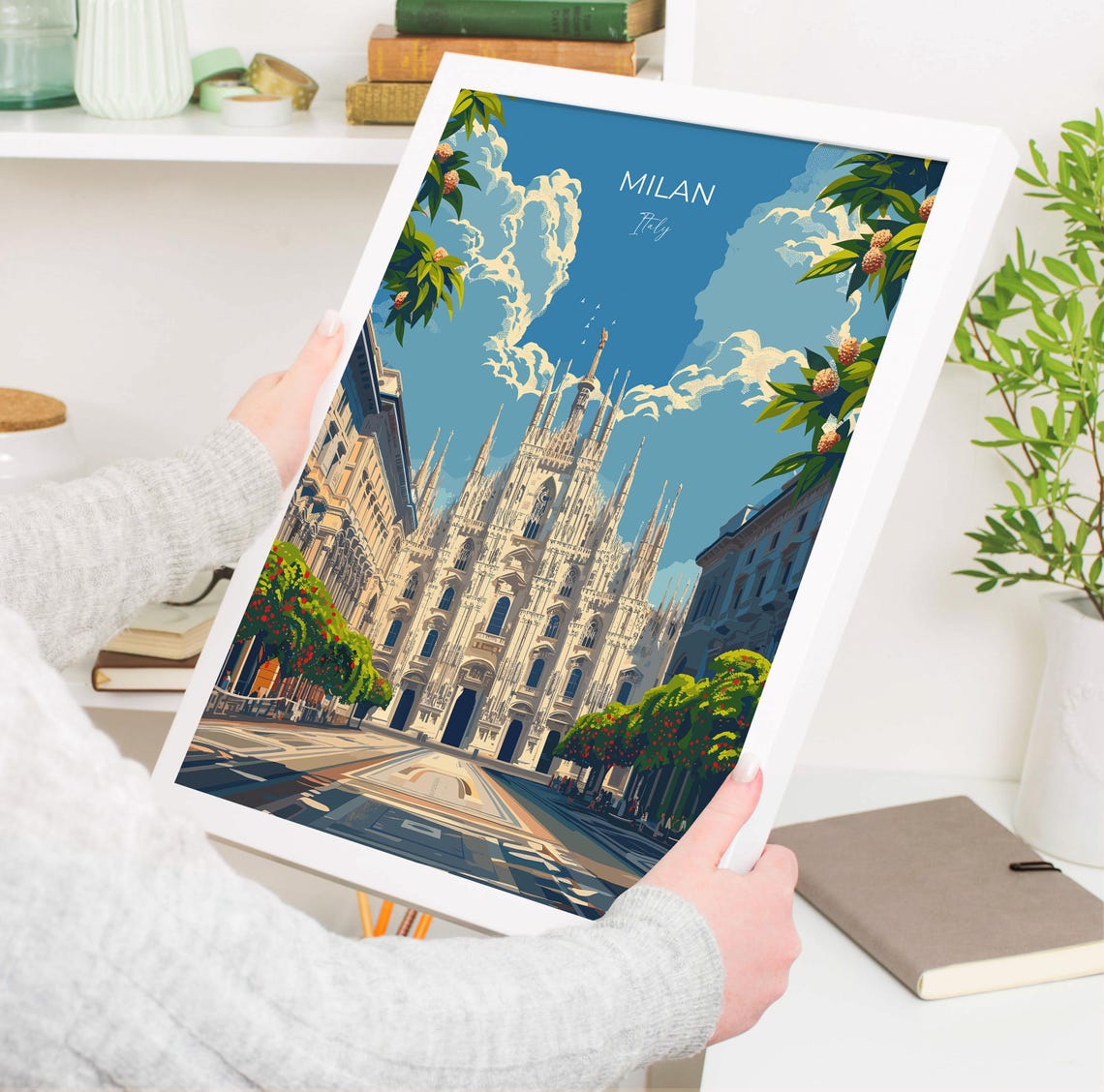 Milan Italy Duomo Cathedral Piazza Front View Orange Trees Poster - Image 3