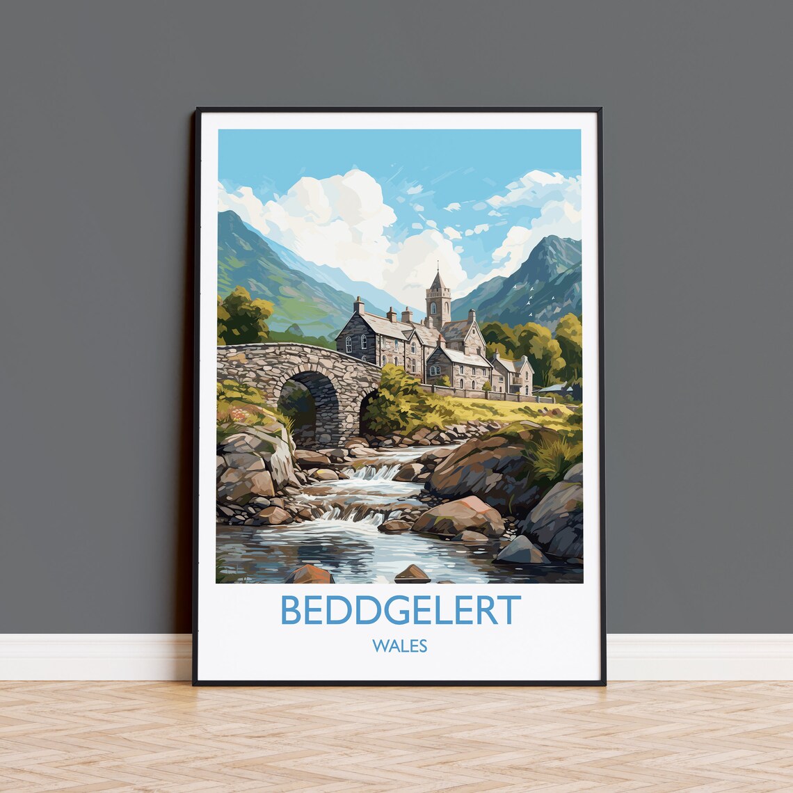 Beddgelert Wales Stone Bridge River Mountain Village Travel Poster