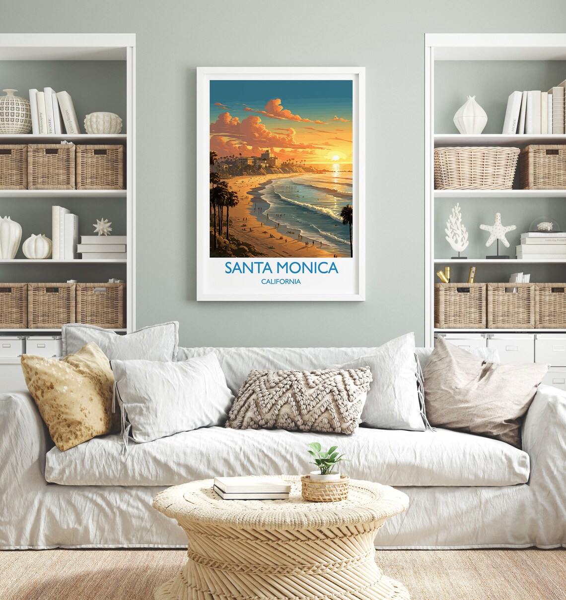 Santa Monica California Sunset Beach Surfers Palms Travel Poster - Image 4