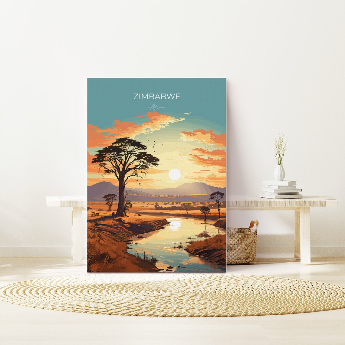 Zimbabwe Africa Baobab Tree River Sunset Vintage Travel Poster - Image 2