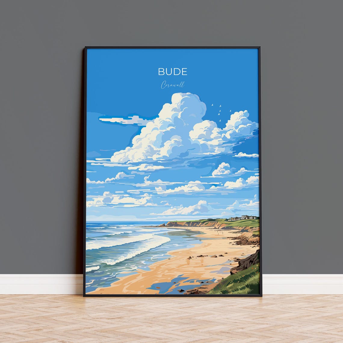 Bude Cornwall Sandy Beach Ocean Waves Rocky Cliffs Travel Poster