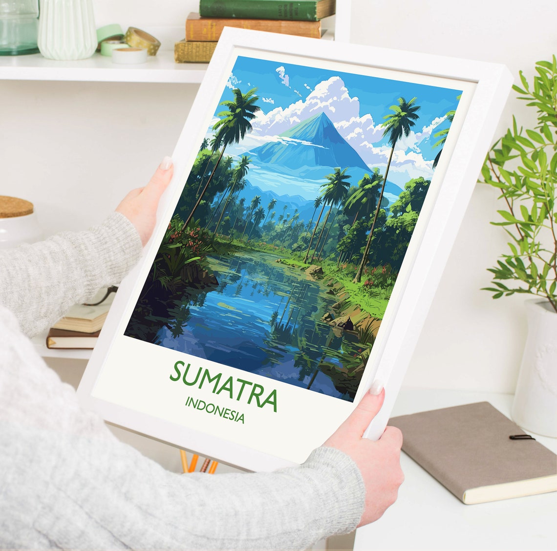 Sumatra Indonesia Volcano Palm River Jungle Vista Travel Poster - Image 5