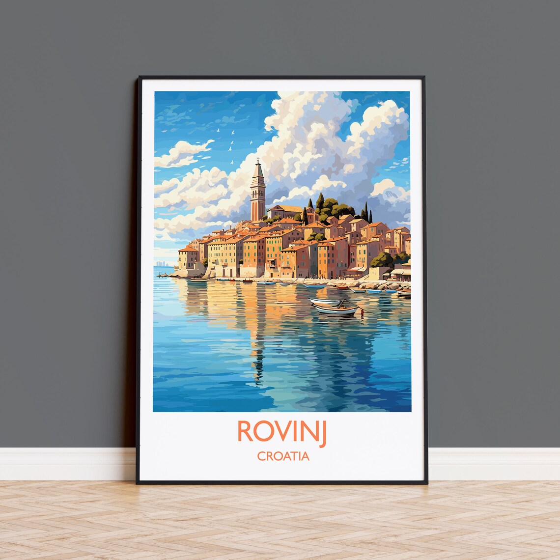 Rovinj Croatia Old Town Peninsula Harbor Church Tower Travel Poster