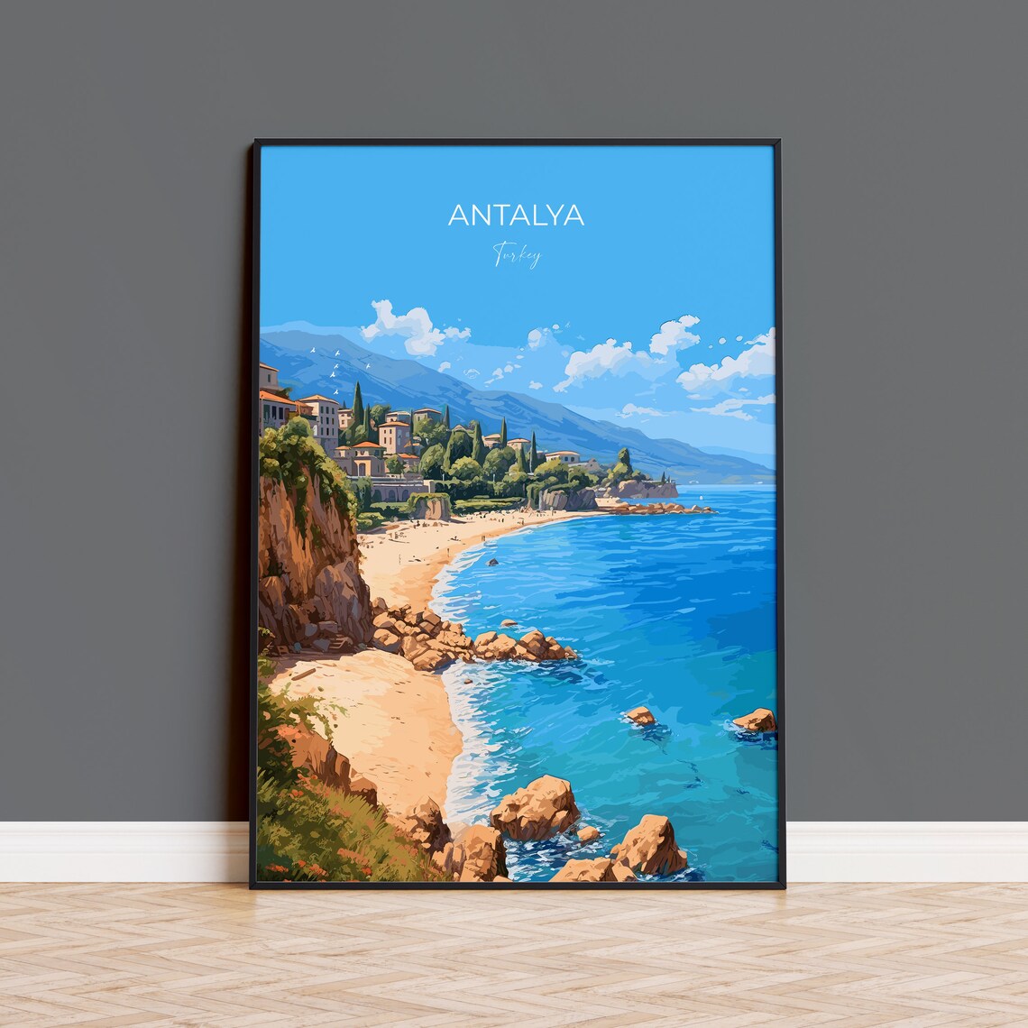 Antalya Turkey Cliffside Beach Sea Coast Scene Travel Poster