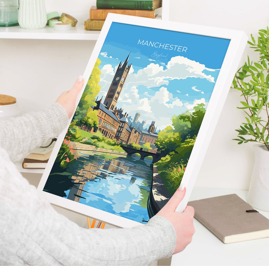 Manchester England Historic Clock Tower Canal Reflection Poster - Image 5