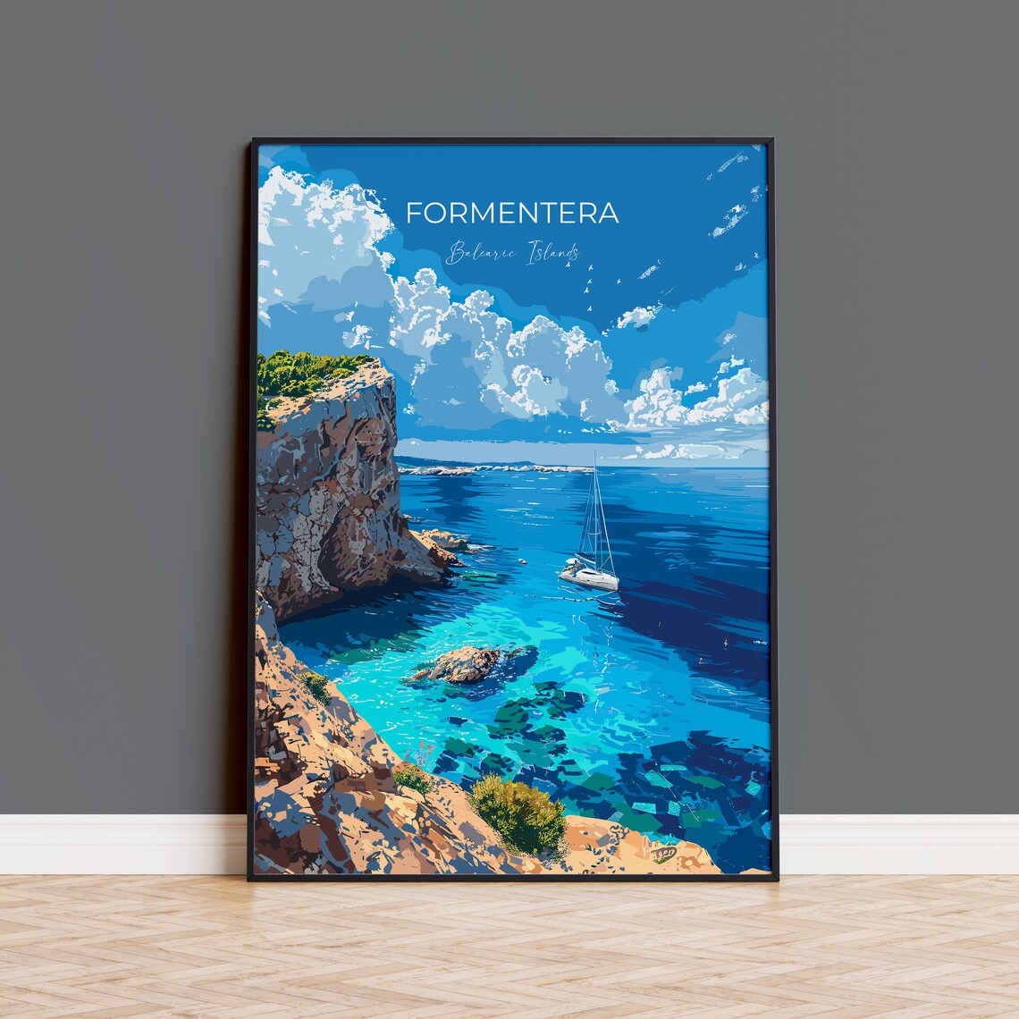 Formentera Balearic Islands Rocky Cove Sailboat View Travel Poster