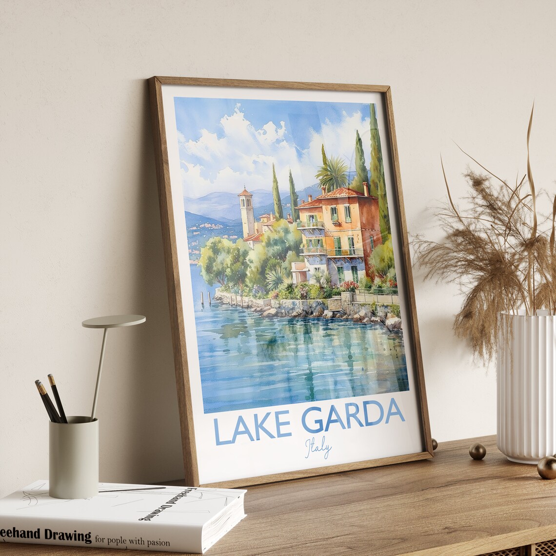 Lake Garda Italy Lakeside Villa Cypress Garden Watercolor Poster - Image 4