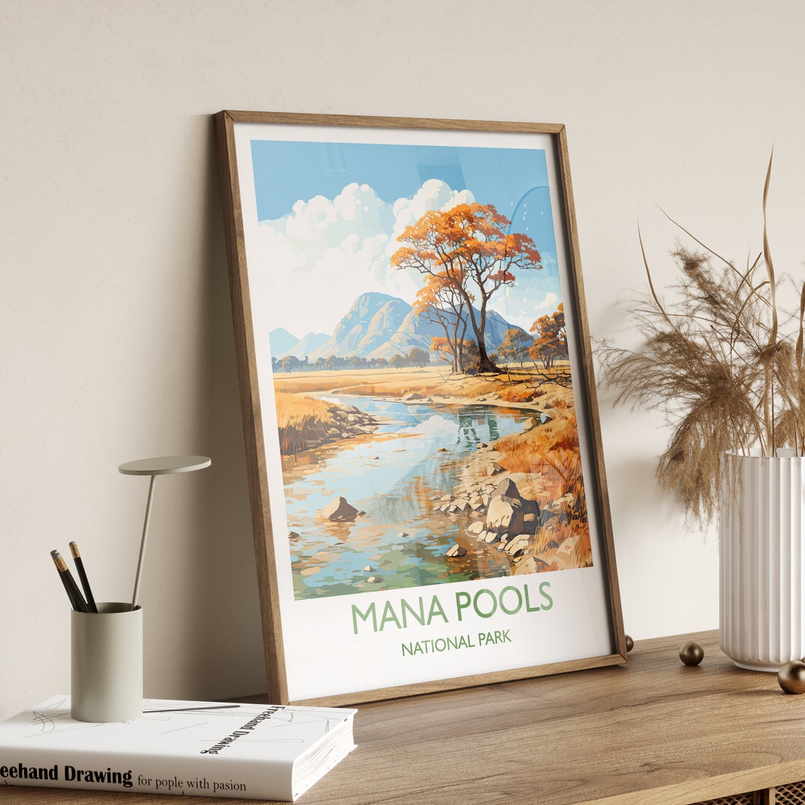 Wild Mana Pools National Park Daytime River Mountain Scene Poster - Image 2