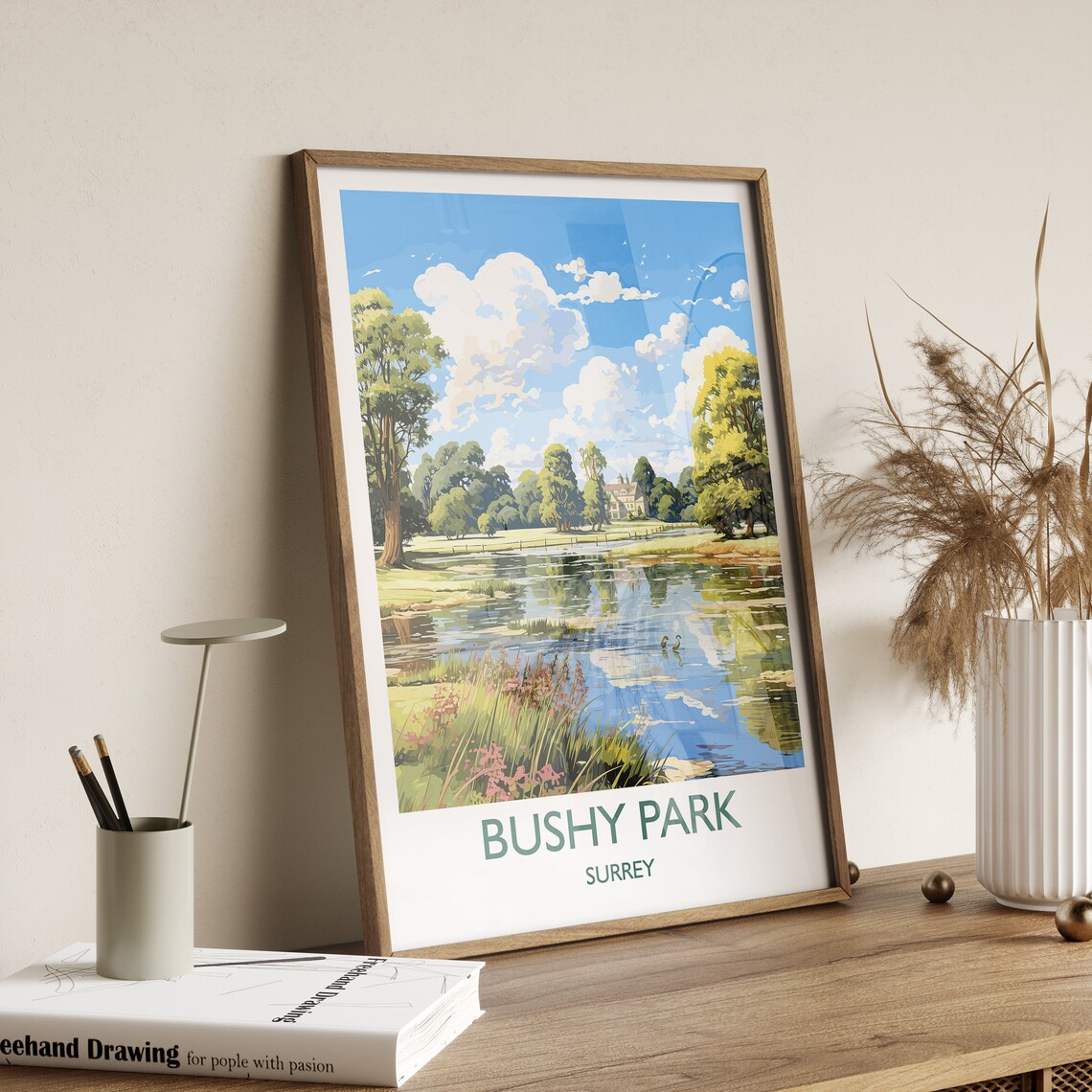 Bushy Park Surrey Reflective Pond Swans Parkland Vintage Poster - Image 2
