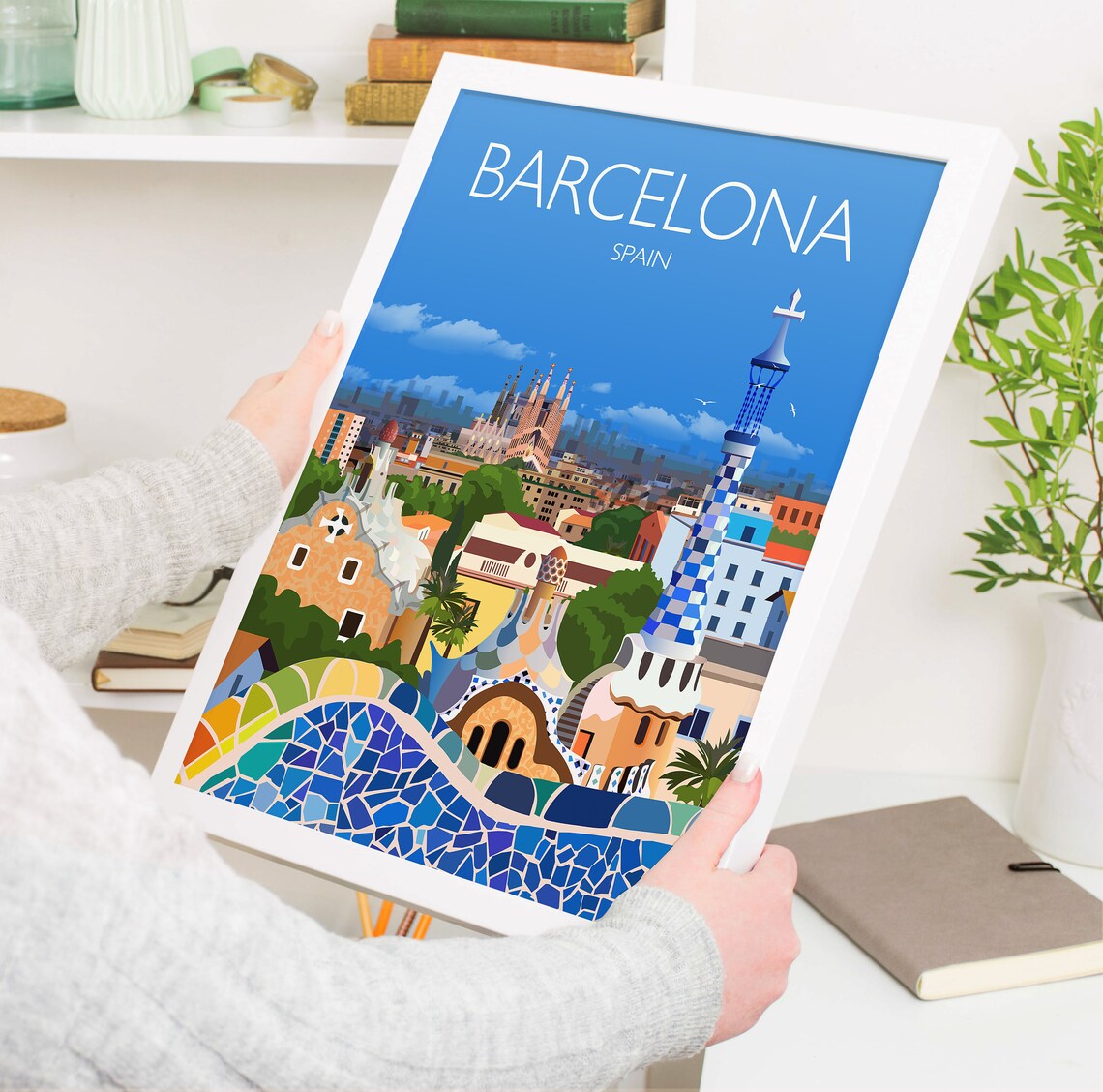 Barcelona Travel Poster, Barcelona Cityscape Art Print - Image 2
