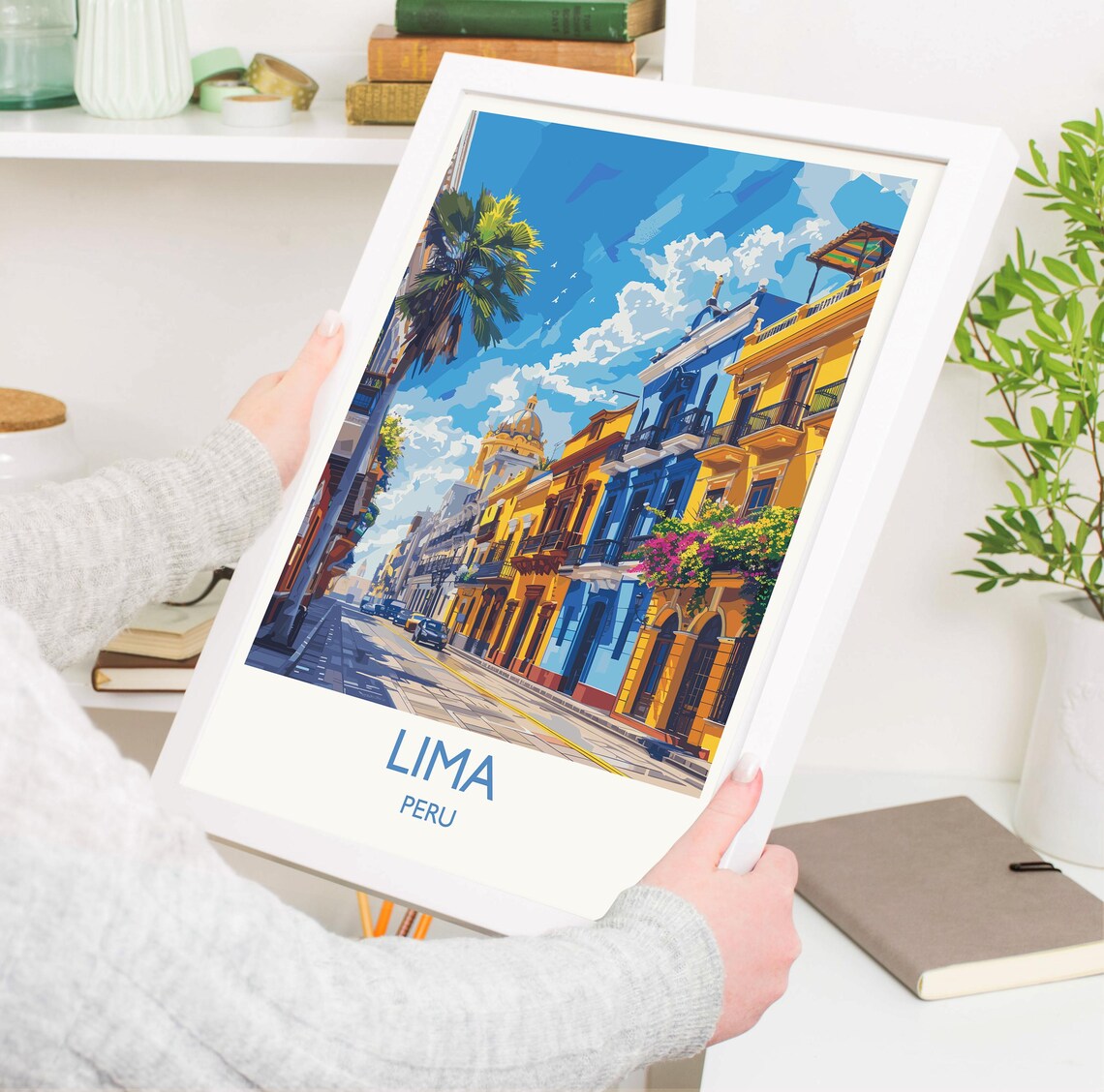 Lima Peru Colorful Colonial Street Buildings Travel Poster With Title Below - Image 3