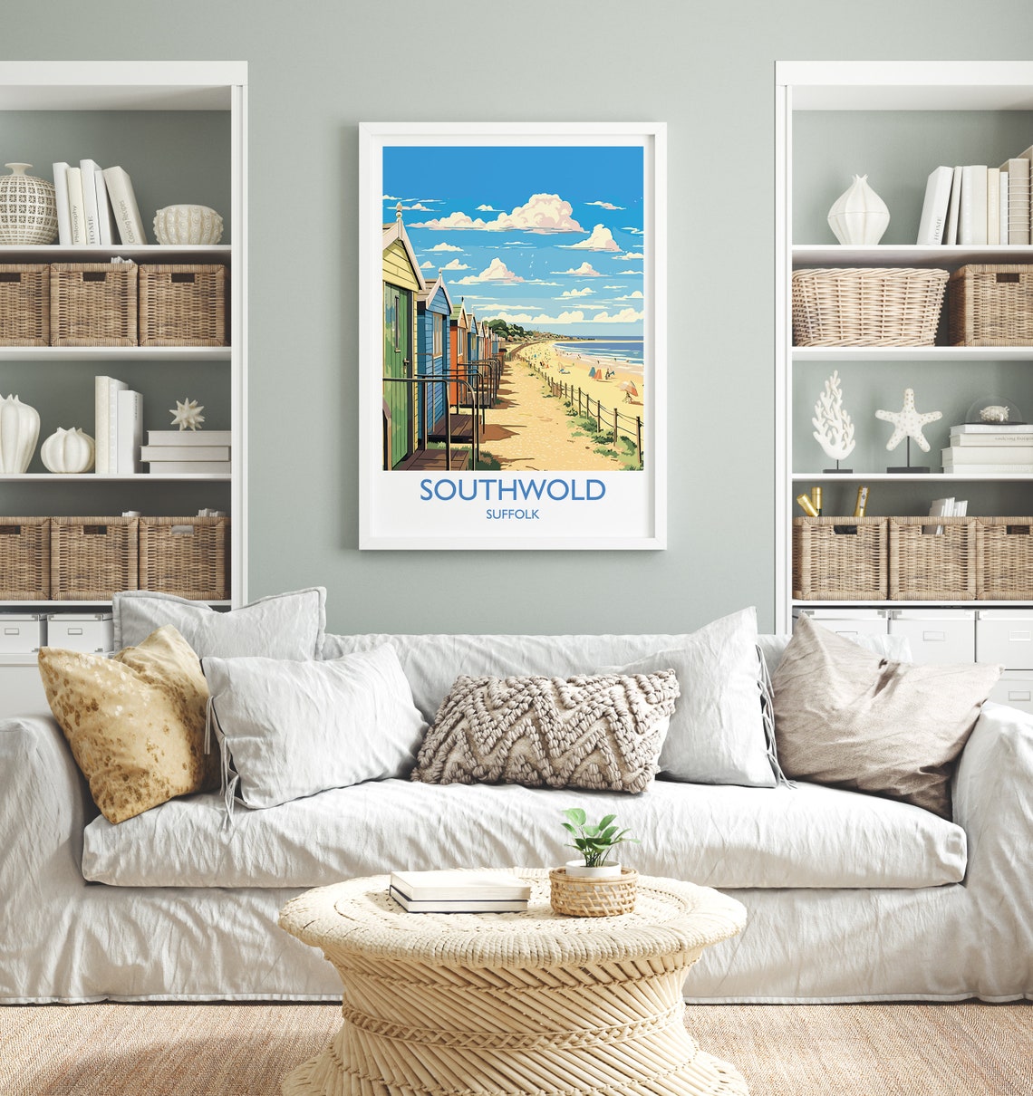 Southwold Suffolk Beach Huts White Border Coast Travel Poster - Image 2