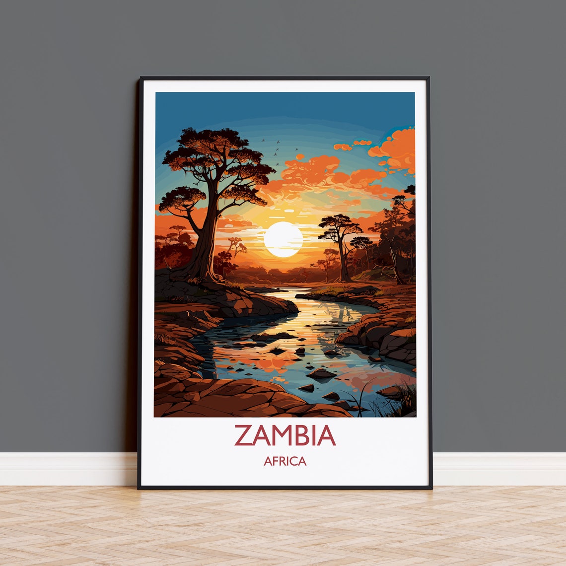 Zambia Travel Poster Wall Art Travel Poster Of Zambia Sunset Zambia Gift Zambia Travel Art Africa Art Lovers Gift
