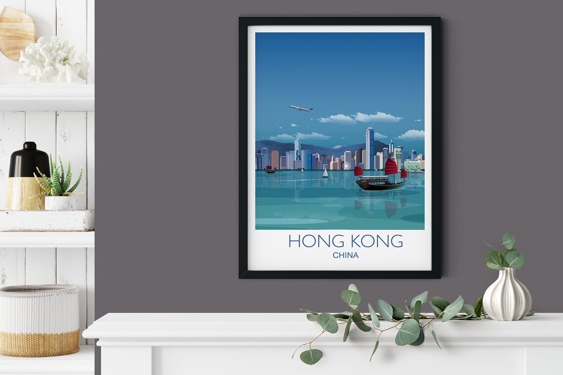 Hong Kong China Harbor Skyline Junk Boat Victoria Scene Travel Poster - Image 3