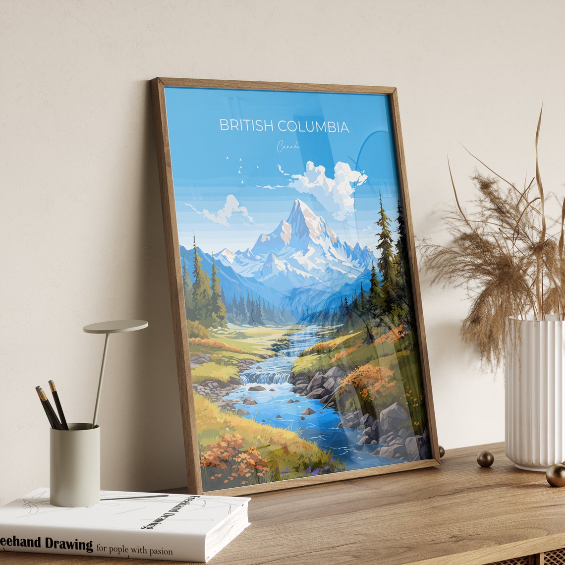 British Columbia Canada Snow Peak River Valley Travel Poster - Image 2