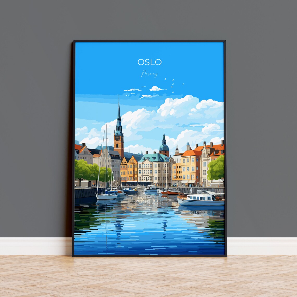 Oslo Harbour Sailboats Norway Waterfront Old City Scene Poster