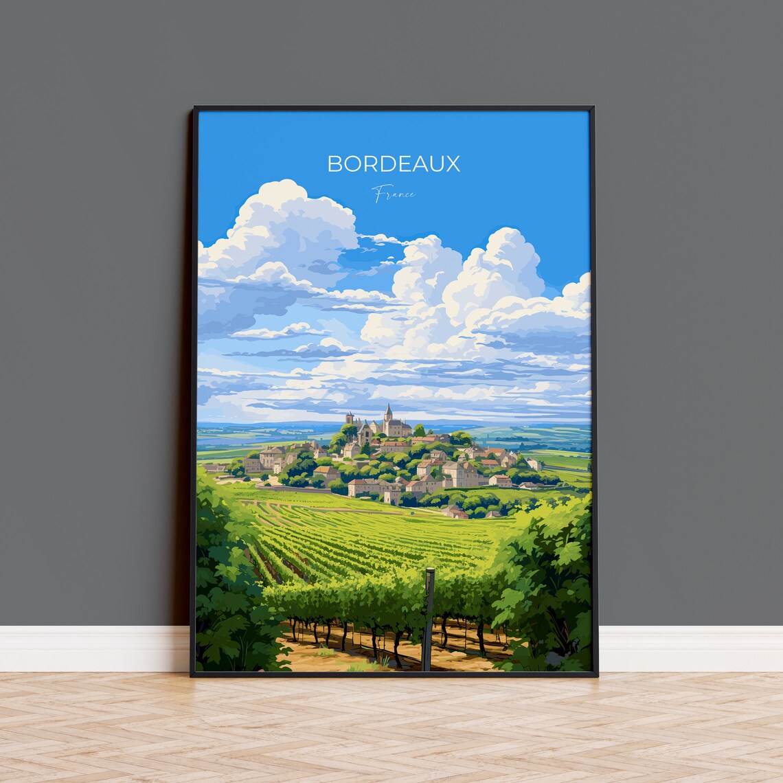 Bordeaux France Sky Travel Poster Vineyards Village Wine Region View Art