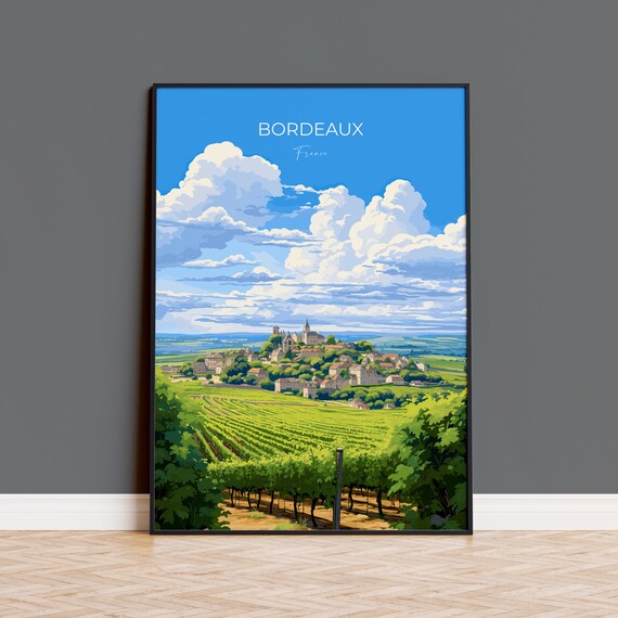 Bordeaux France Sky Travel Poster Vineyards Village Wine Region View Art