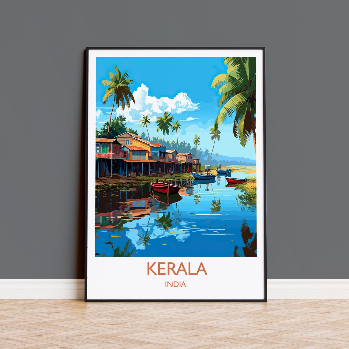 Kerala India Backwater Boats Palms Stilt Houses Tropical Travel Poster