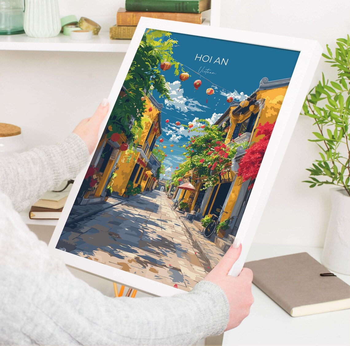 Hoi An Vietnam Lantern Street Script Title Travel Poster Art - Image 3