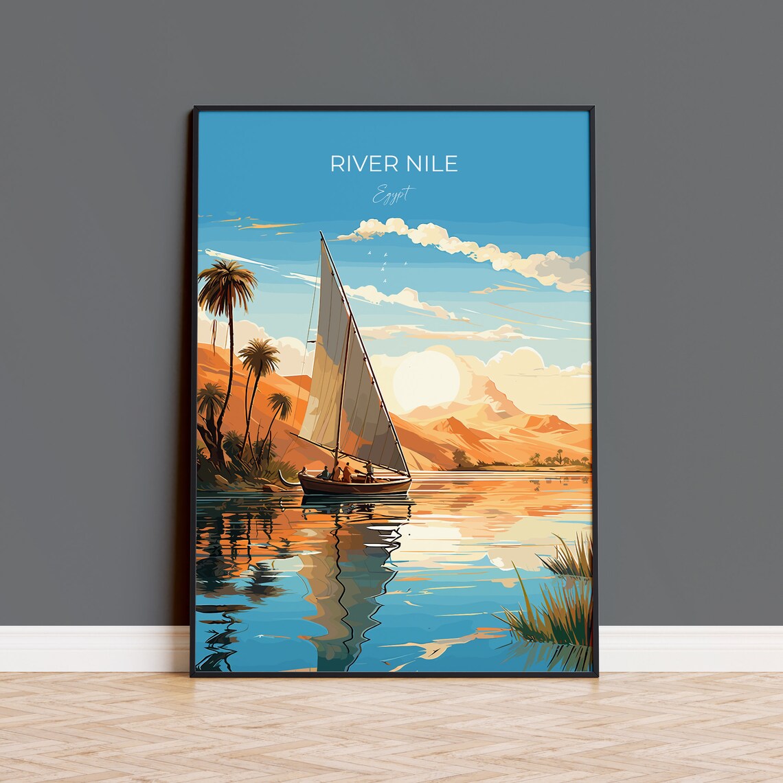 River Nile Egypt Sunset Felucca Sailboat Palm Trees Travel Poster