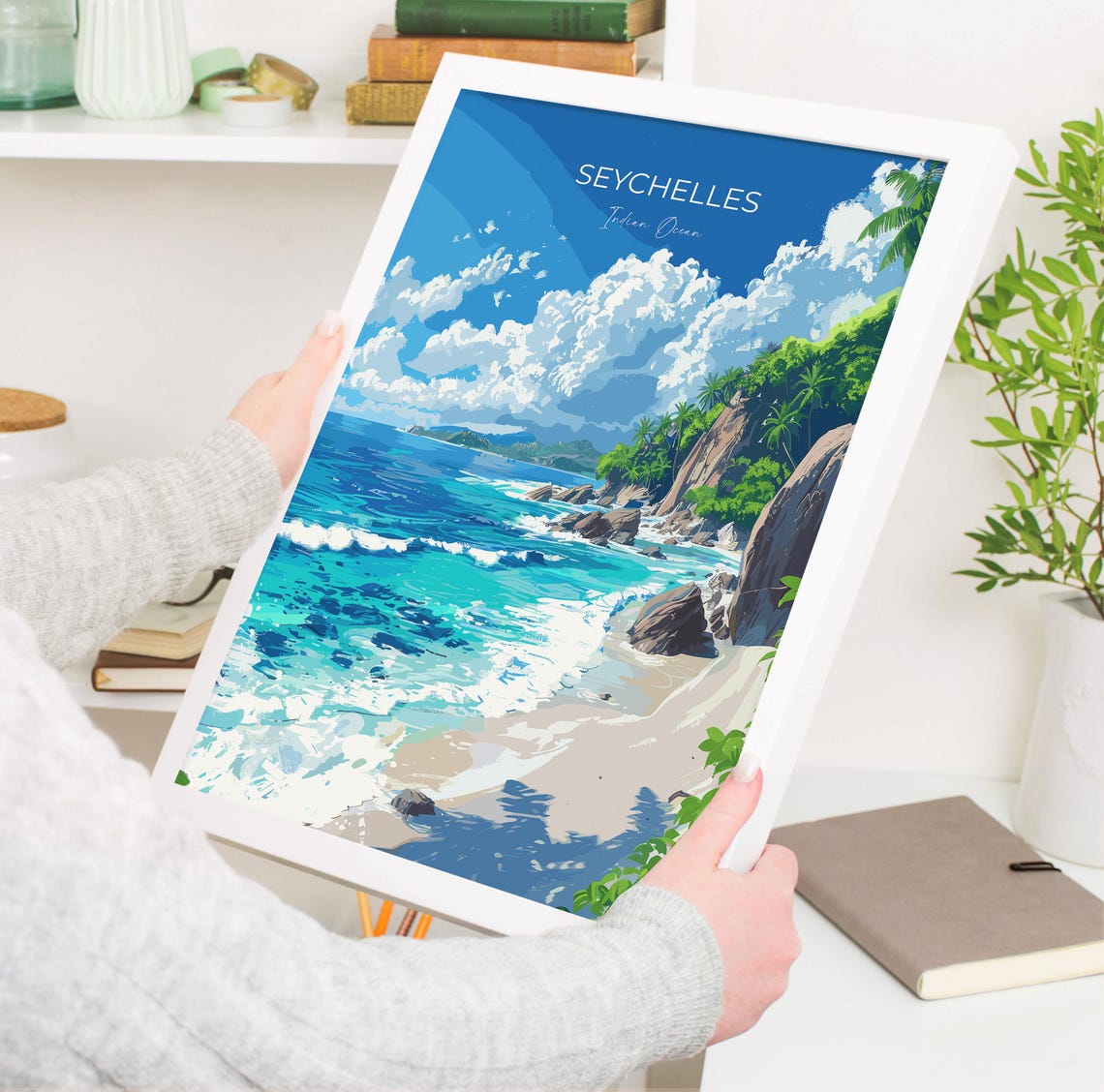 Seychelles Indian Ocean Beach Script Title Travel Poster Art - Image 3