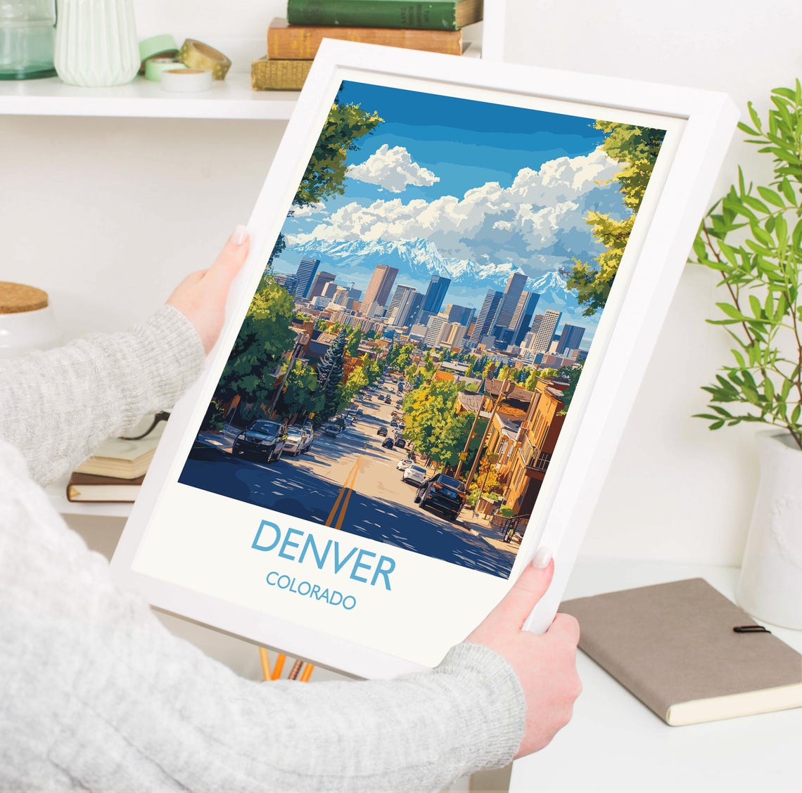Denver Street View Skyline Snowy Mountains Poster White Border - Image 3