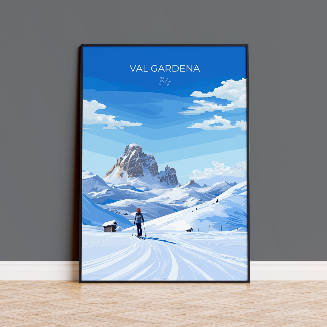 Val Gardena Italy Alpine Ski Resort Rocky Peaks Winter Skier Poster