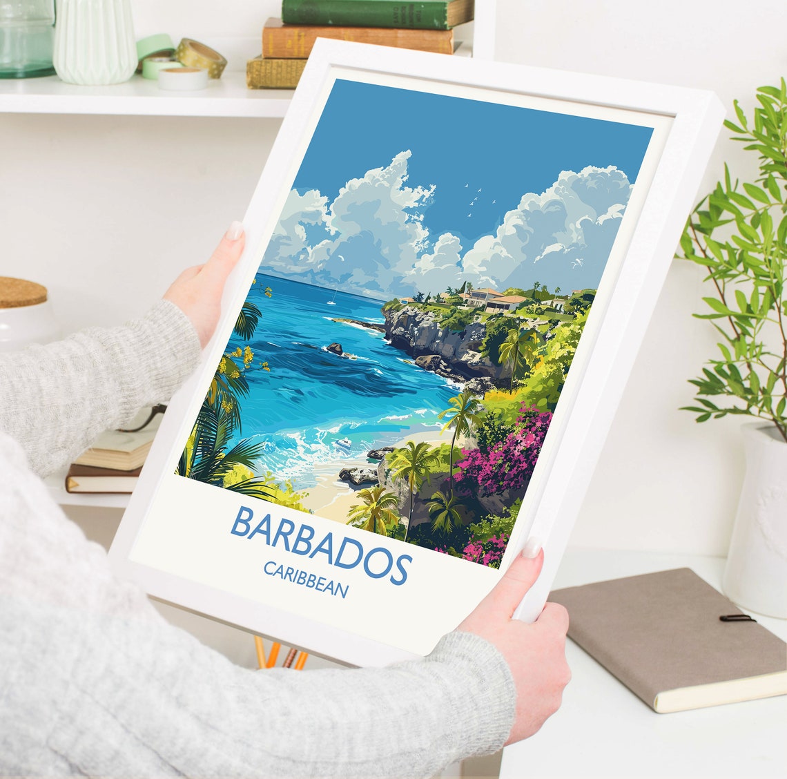 Barbados Caribbean Cliff Beach Turquoise Cove Daytime Poster - Image 3
