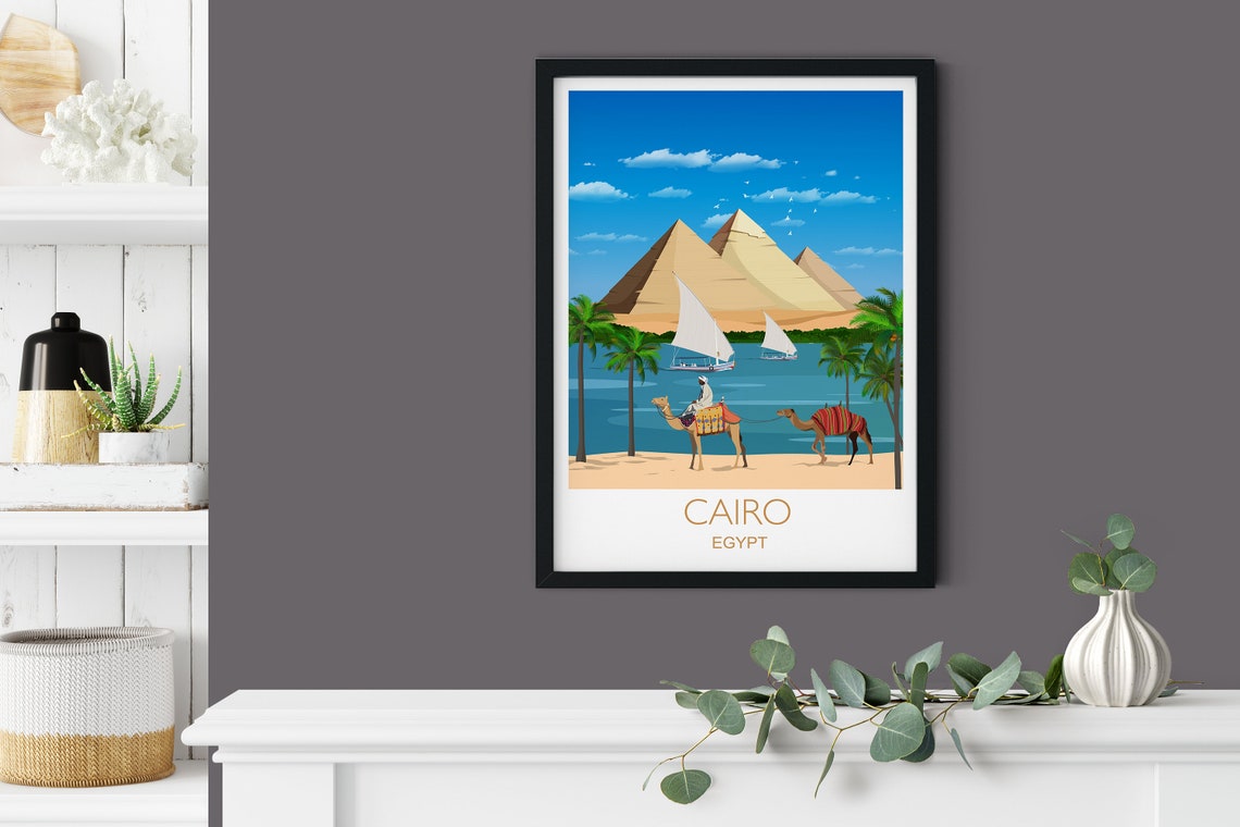 Cairo Egypt Pyramid Desert Camel Caravan Scene Travel Poster - Image 5