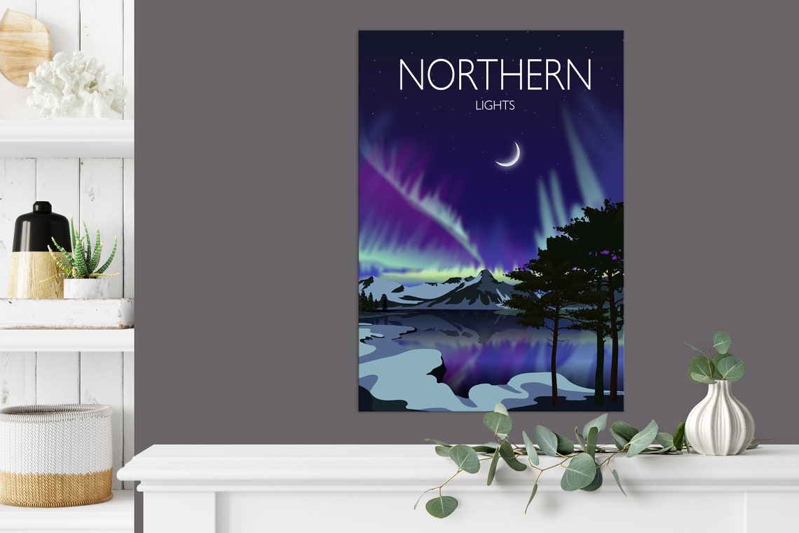 Northern Lights Aurora Night Sky Mountains Moonlight Art Poster - Image 3
