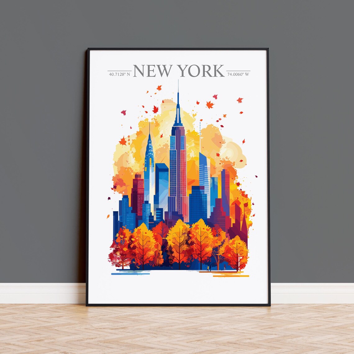 New York Autumn Skyline With Drifting Golden Fall Leaves Poster
