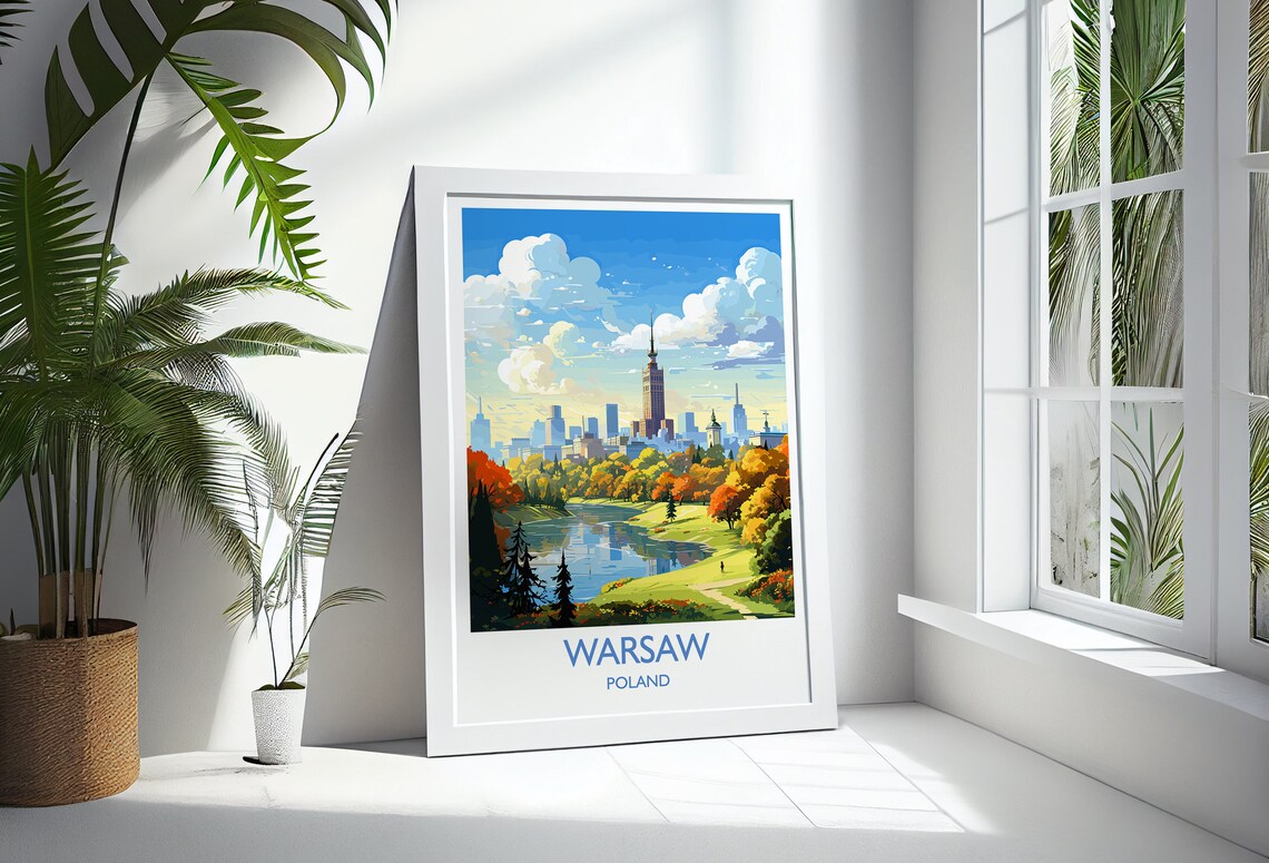 Warsaw Poland Travel Poster Skyline Lake Autumn Trees City View - Image 3