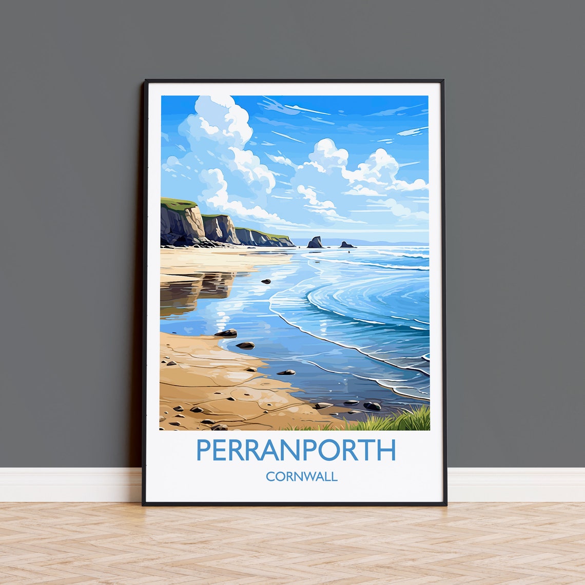 Perranporth Cornwall Sandy Beach Cliffs Turquoise Waves Travel Poster