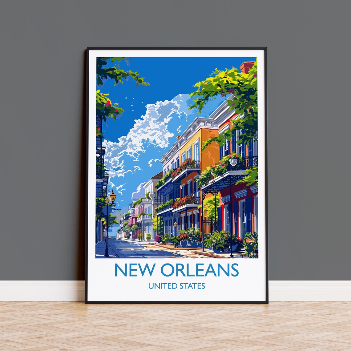 New Orleans United States Colorful Balcony Street Lamp Travel Print
