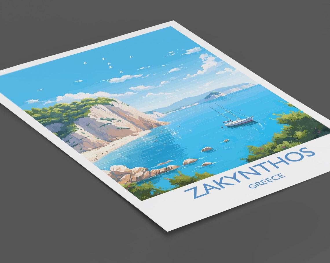 Zakynthos Greece Turquoise Bay Cliffs Sailboat Island Travel Poster - Image 2