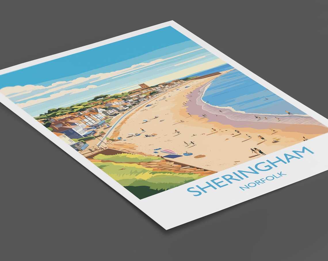 Sheringham Norfolk Curved Beach Aerial Town Travel Poster Seaside Gift - Image 2