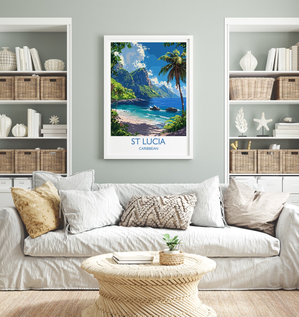 St Lucia Caribbean Pitons Rocky Cove Blue Ocean Palm Art Poster - Image 2