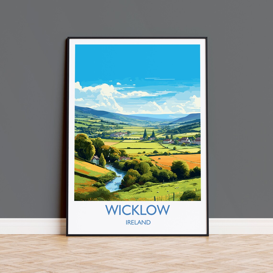 Wicklow Ireland Green Valley River Village Travel Poster Irish Decor
