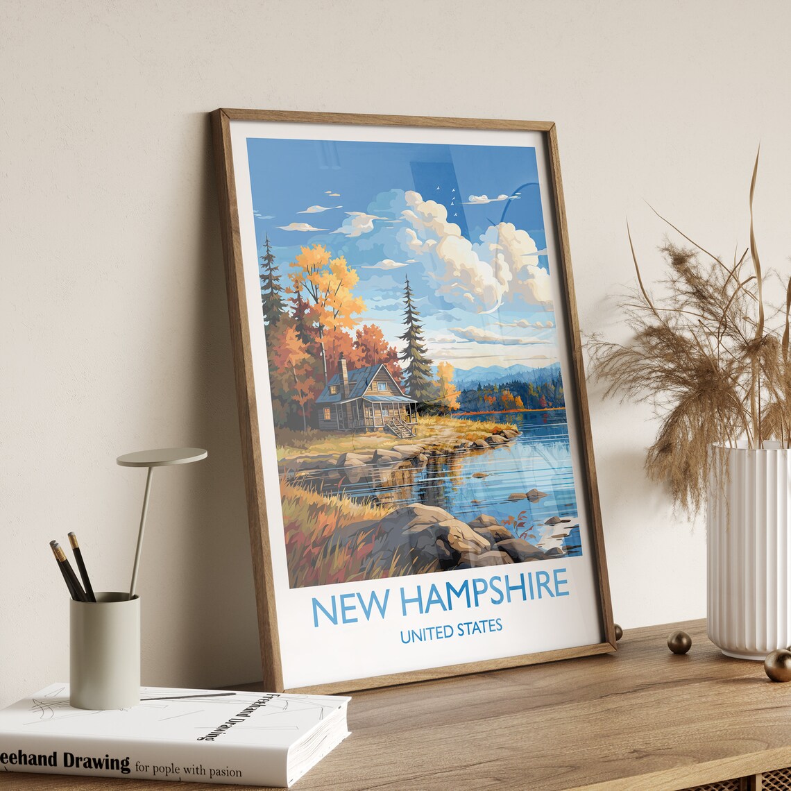New Hampshire Autumn Lakeside Log Cabin Fall Foliage Art Poster - Image 3