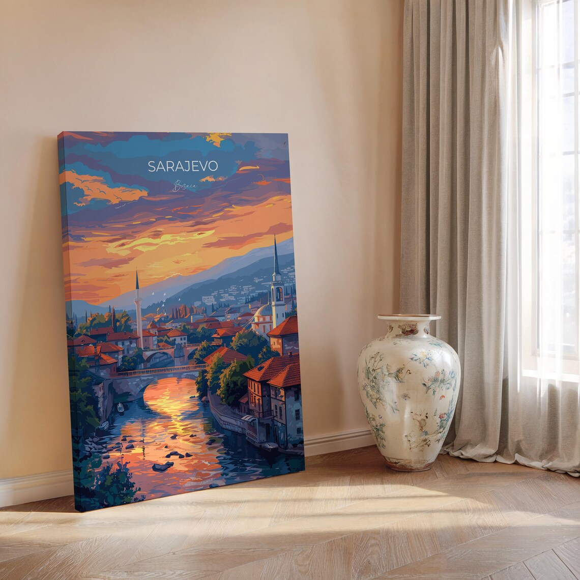 Sarajevo Bosnia Sunset River Skyline Golden Modern Travel Poster - Image 2