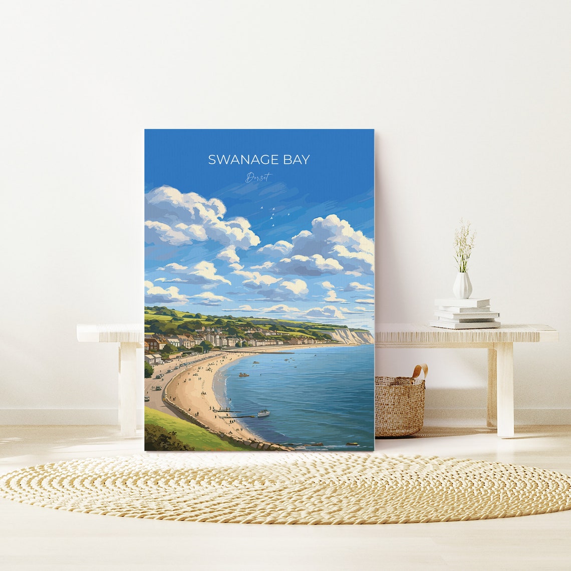 Swanage Bay Dorset Coastal Beach Panorama Vintage Script Poster - Image 2