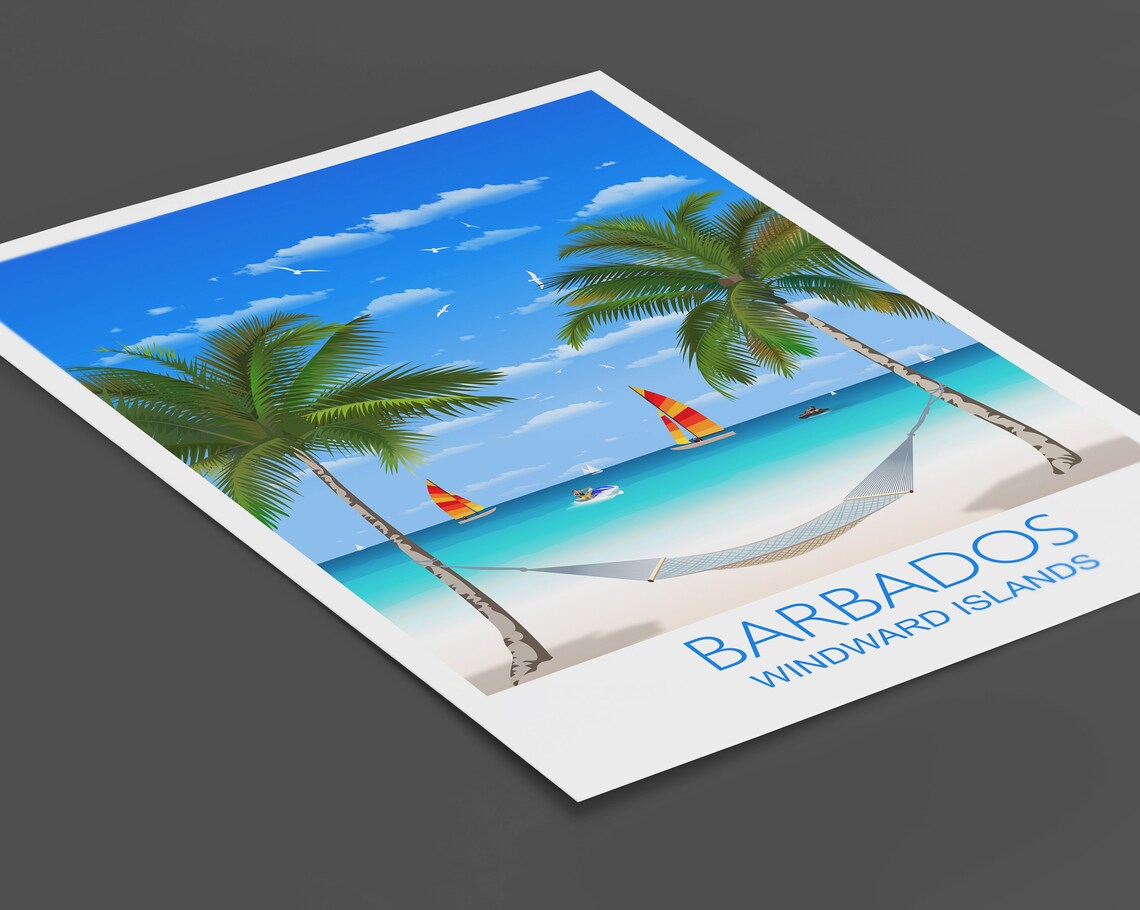 Barbados Windward Islands Beach Travel Poster Sailboats Palm Trees - Image 2