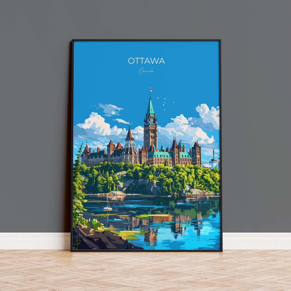 Ottawa Canada Parliament Hill River Reflection Vintage Travel Poster