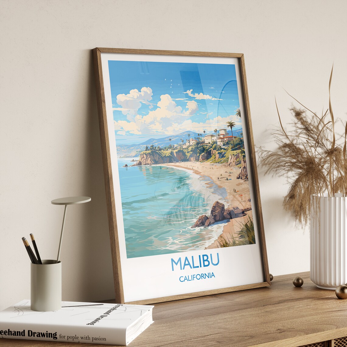 Malibu California Rocky Cove Beach Palms Cliff Houses Travel Poster - Image 2