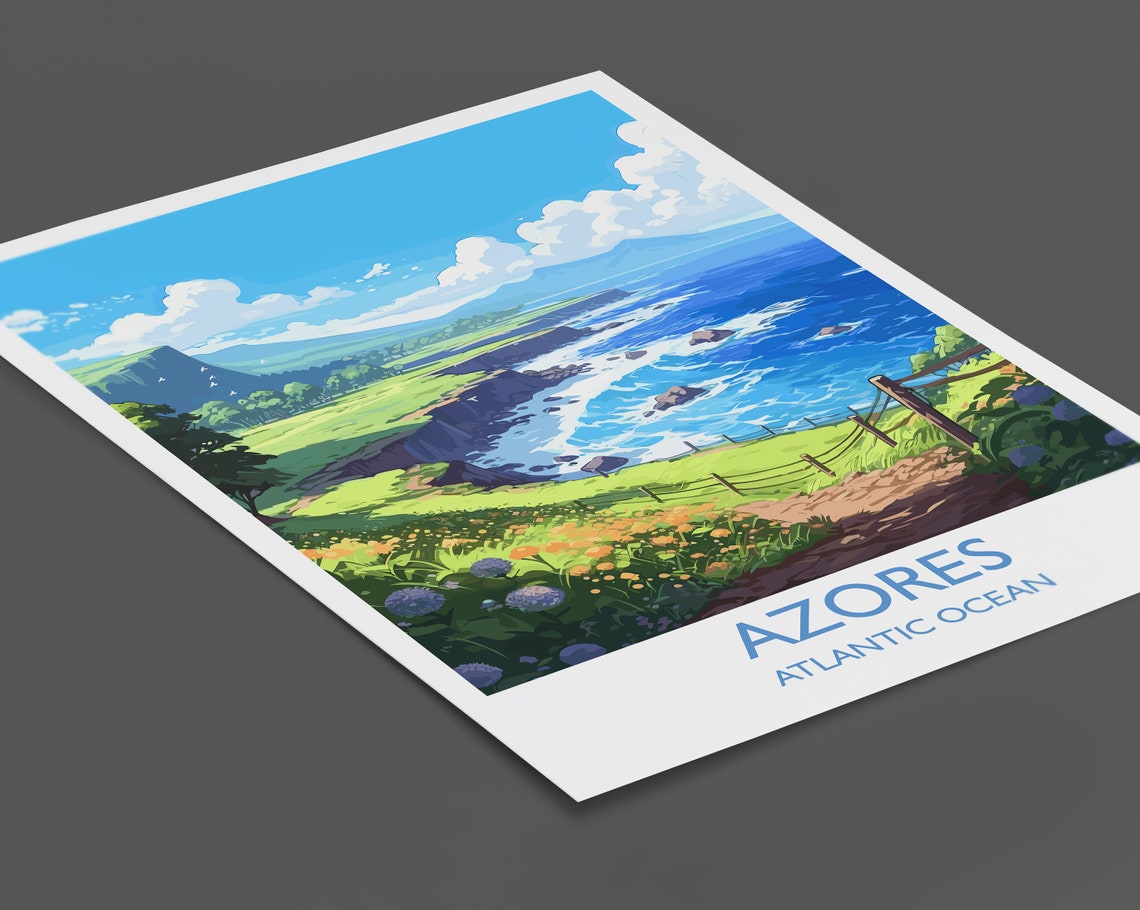 Azores Atlantic Ocean Green Cliffs Flower Trail Travel Poster - Image 2