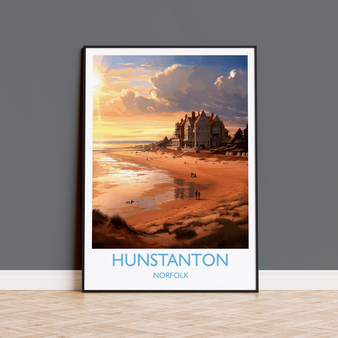 Hunstanton Beach Norfolk Sunset Over Grand Hotel Travel Poster